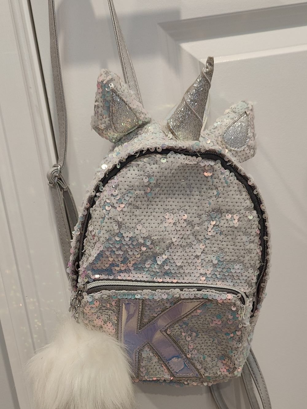 Justice Iridescent Sequin Unicorn Mini Backpack with Letter K And White Pom